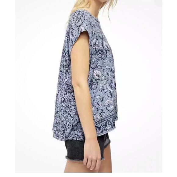 Free People T Shirt Oversized Dual Print Floral Blue Top Cap Sleeve Boxy XS Crew - Picture 3 of 16